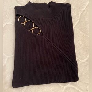 NWOT Inc long sleeve ribbed sweater with gold hoop detail. Stretchy. Black. Lg.